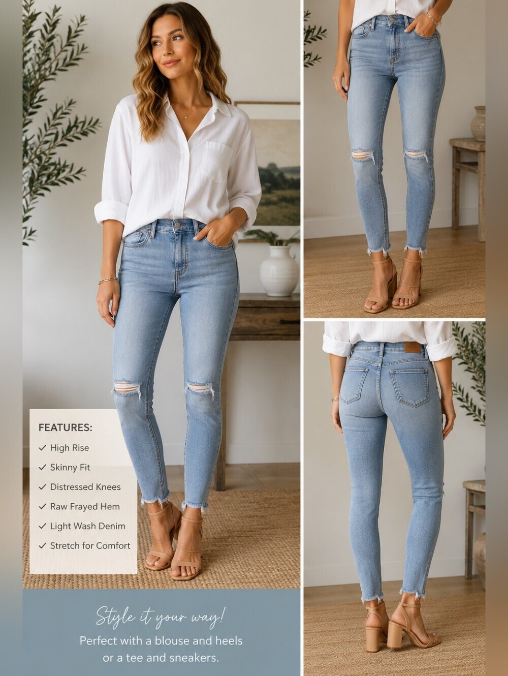 Hidden Size 27 High Rise Distressed Skinny Jeans Light Wash Raw Hem Stretch